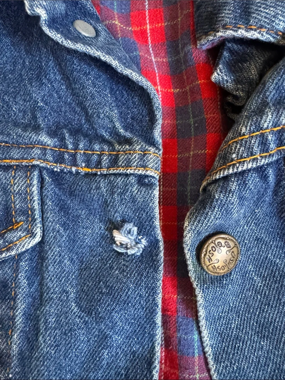 Vintage 80s OshKosh B'gosh Blue Denim Jacket with Red Plaid Accents